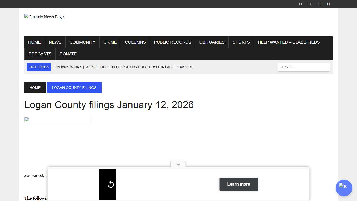 Logan County filings January 12, 2026 – Guthrie News Page